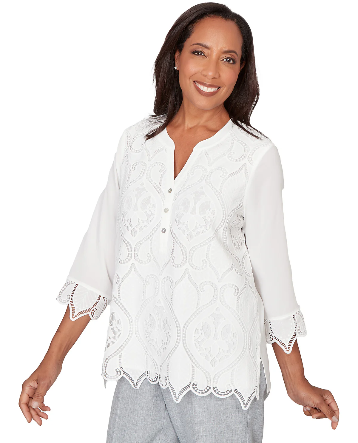 Alfred Dunner Al Fresco Cutout Lace Front Blouse White - Image 3