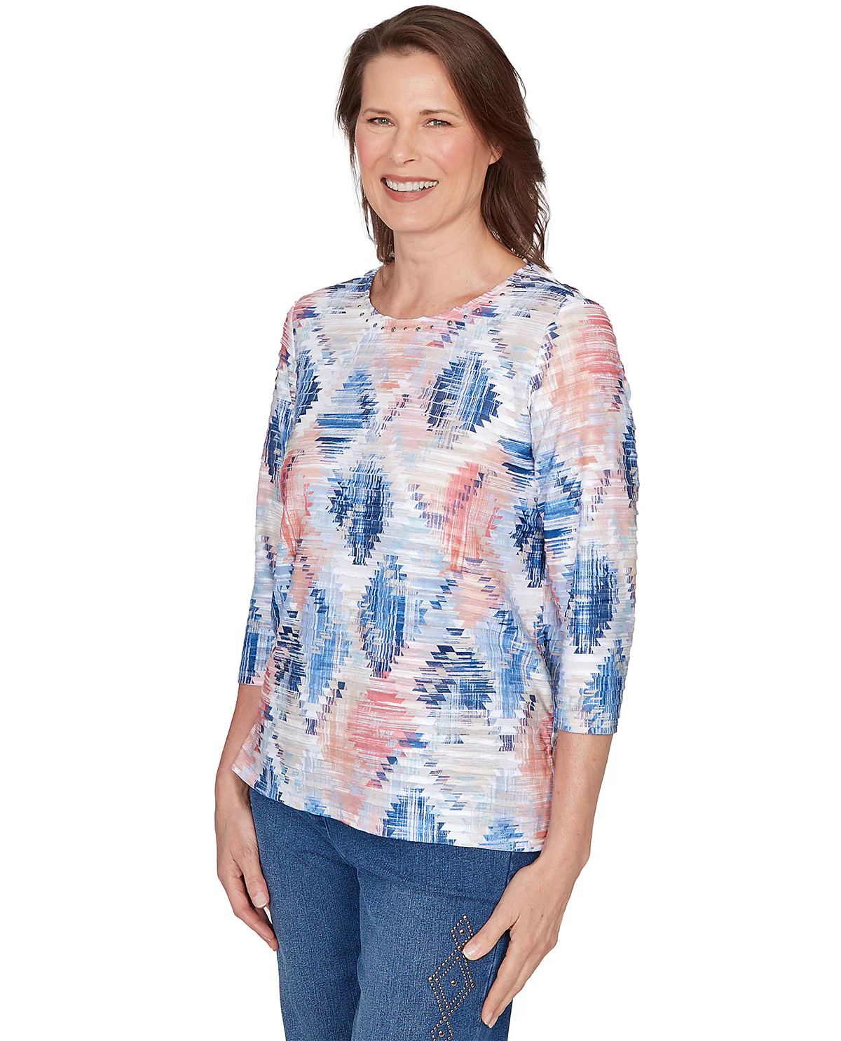 Alfred Dunner Austin Aztec Diamond Knit Top Blue Multi - Image 3
