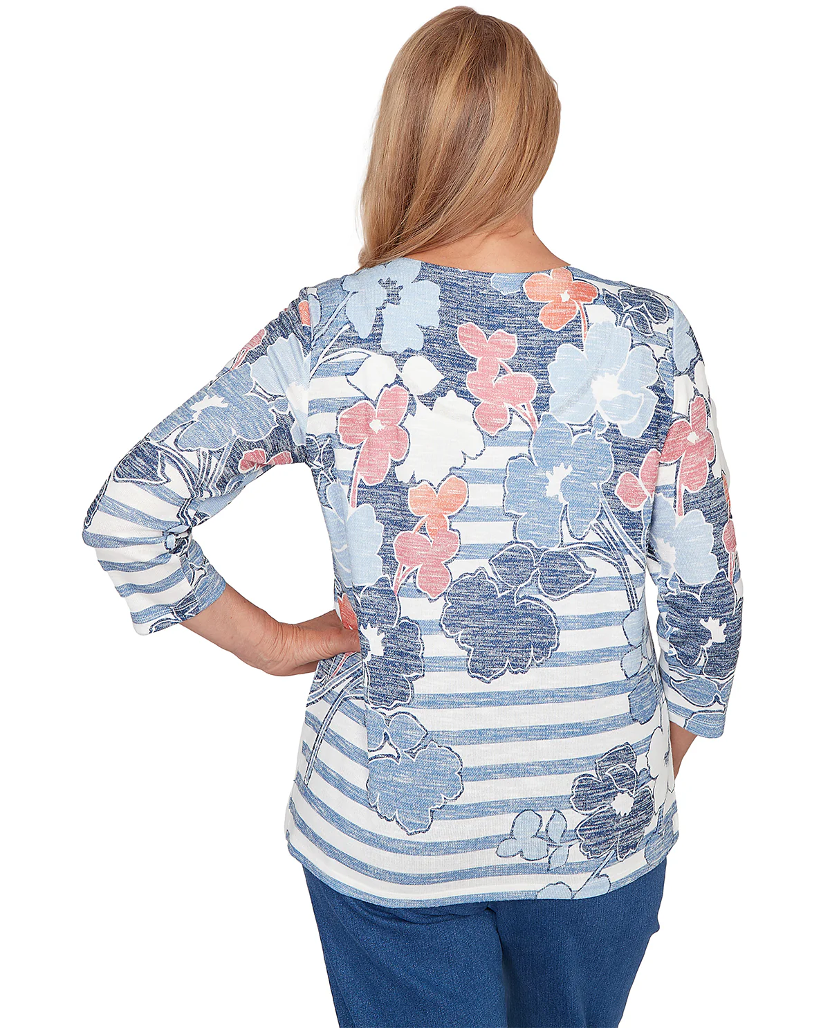 Alfred Dunner Austin Striped Floral Knit Top Blue - Image 2