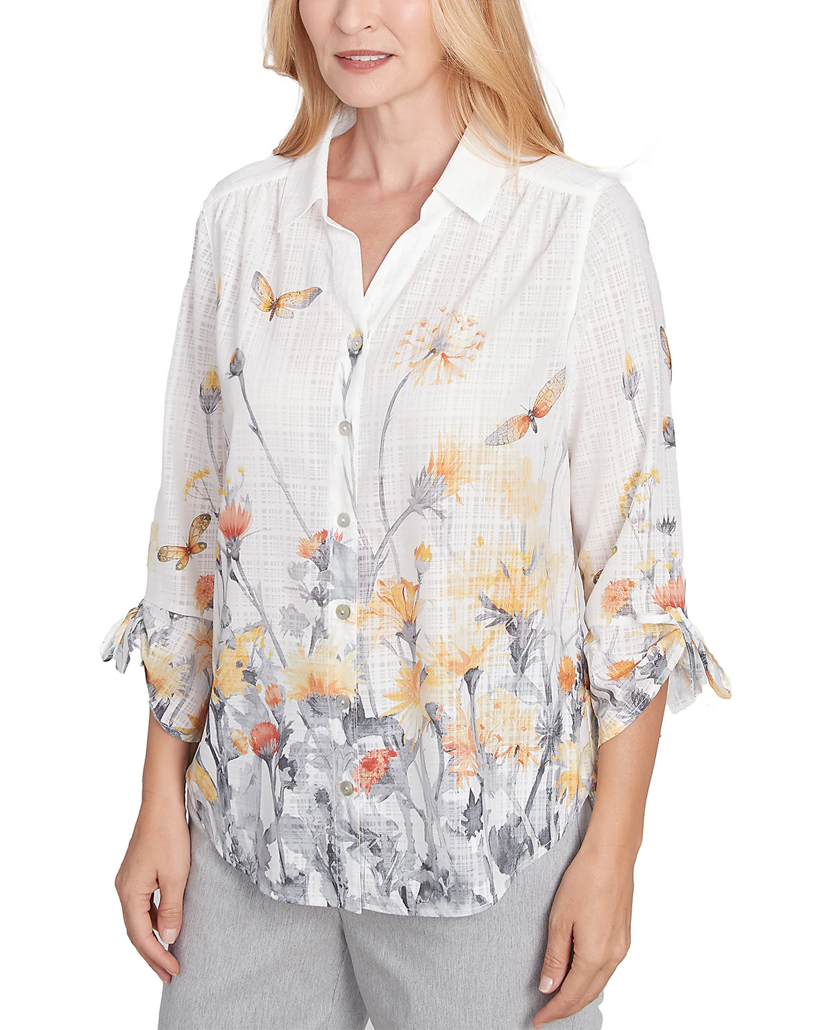Alfred Dunner Dress Code Petite Butterfly Floral Top White - Image 3