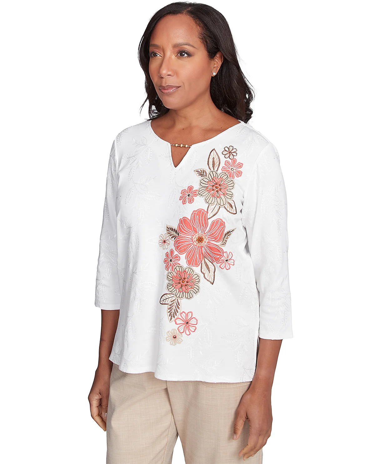 Alfred Dunner Catalina Island Embroidered Flowers Top White - Image 3