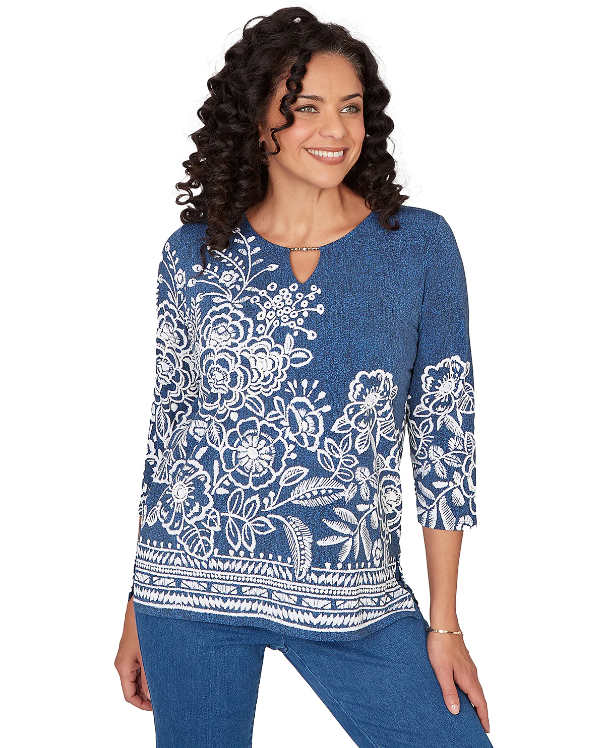 Alfred Dunner Pastel Story Etched Floral Top Denim - Image 2