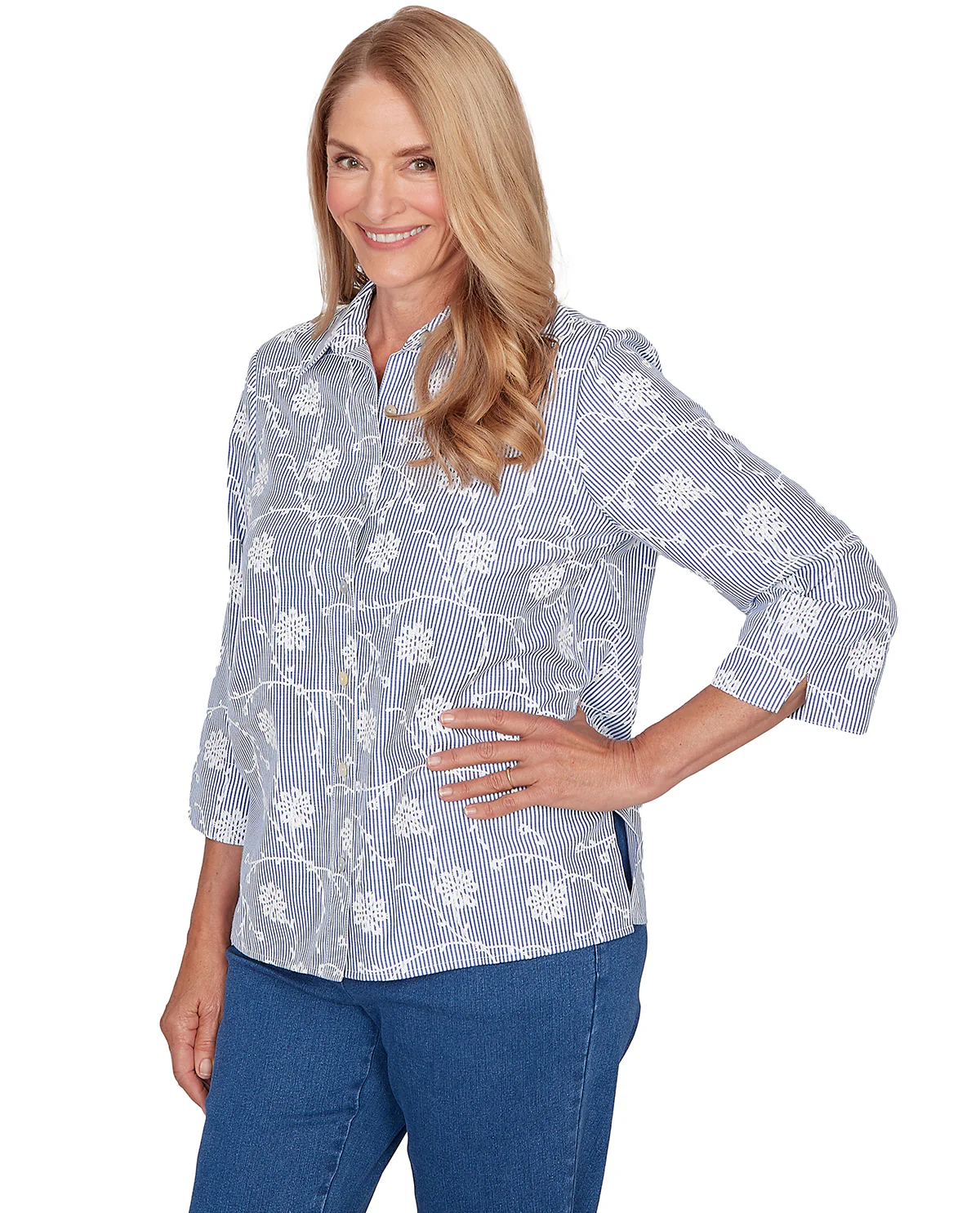 Alfred Dunner Pastel Story Pinstripe Embroidery Blue - Image 3