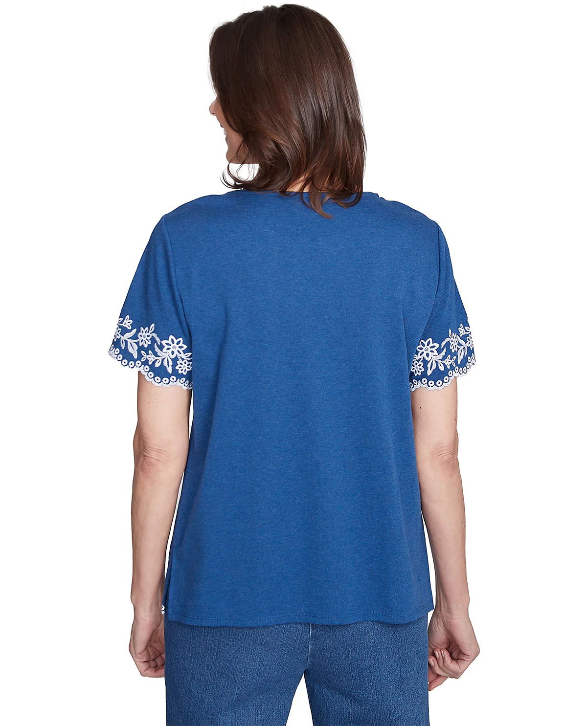 Alfred Dunner Flower Power Embroidered Border Knit Top Navy - Image 2
