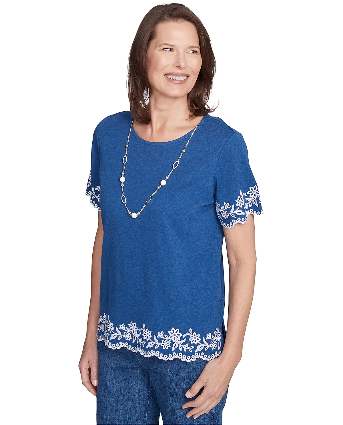 Alfred Dunner Flower Power Embroidered Border Knit Top Navy - Image 3
