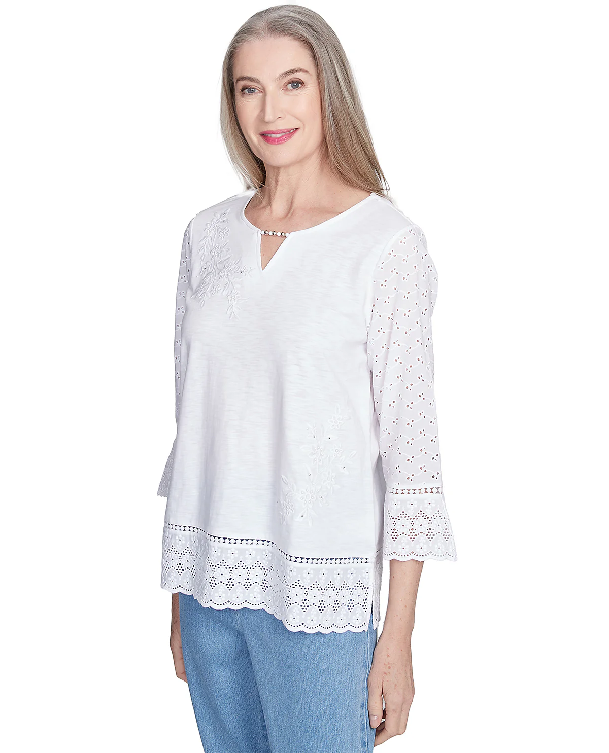 Alfred Dunner Flower Power Floral Embroidered Top White - Image 3