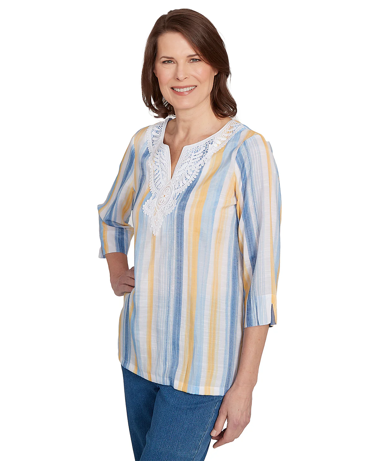 Alfred Dunner Flower Power Striped Lace Neck Top Blue Multi - Image 3