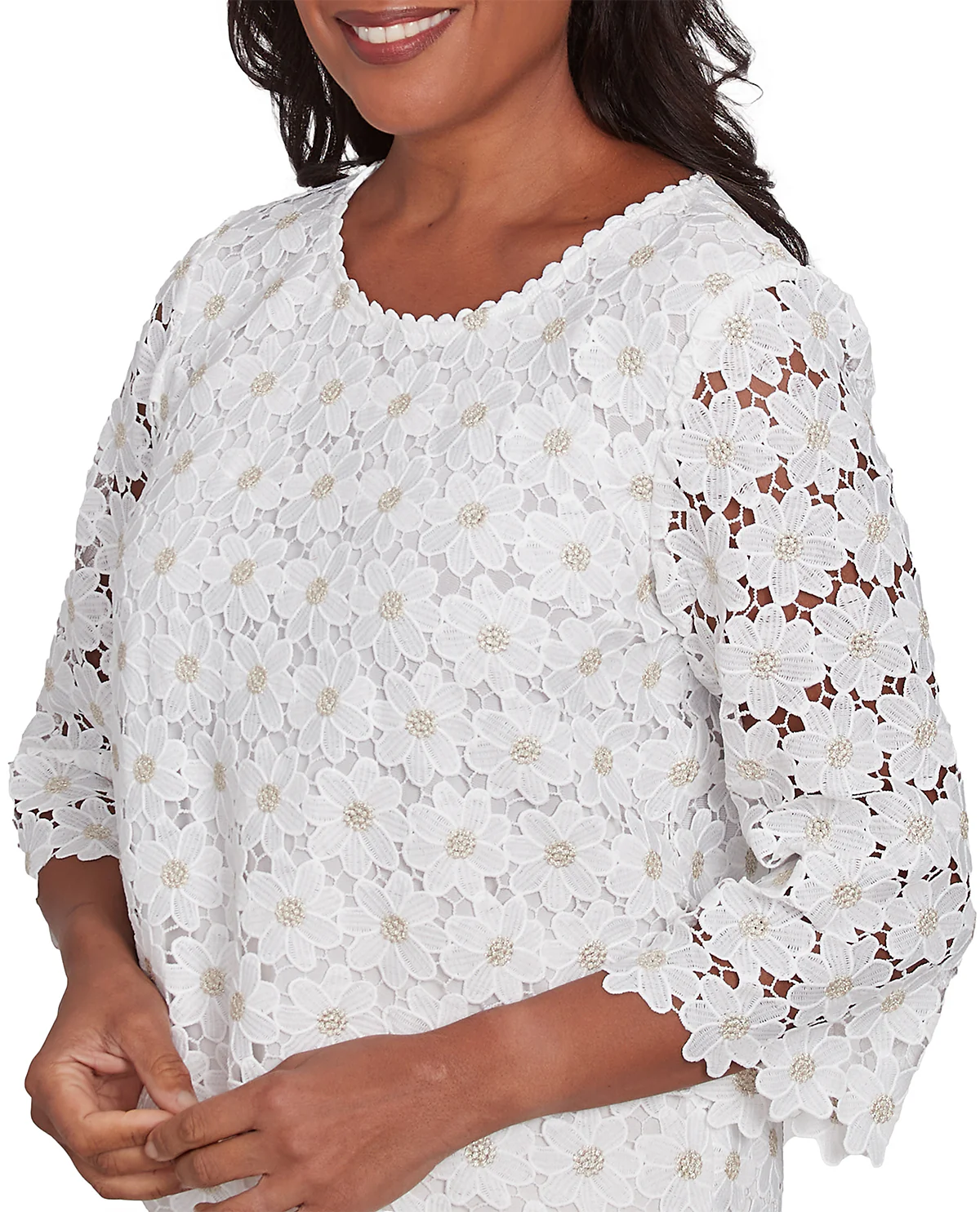Alfred Dunner Kensington Garden Petite Woven Lace Top Ivory - Image 2