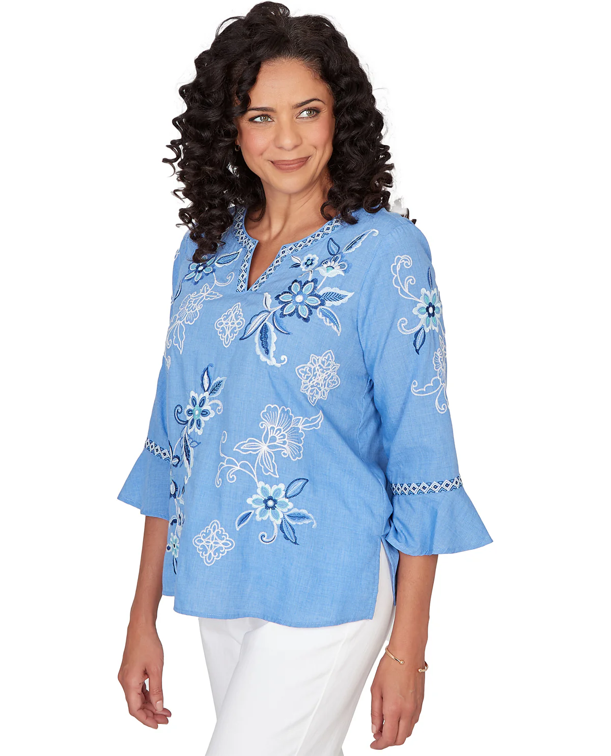 Alfred Dunner Mykonos Floral Embroidered Top Lt Blue - Image 3