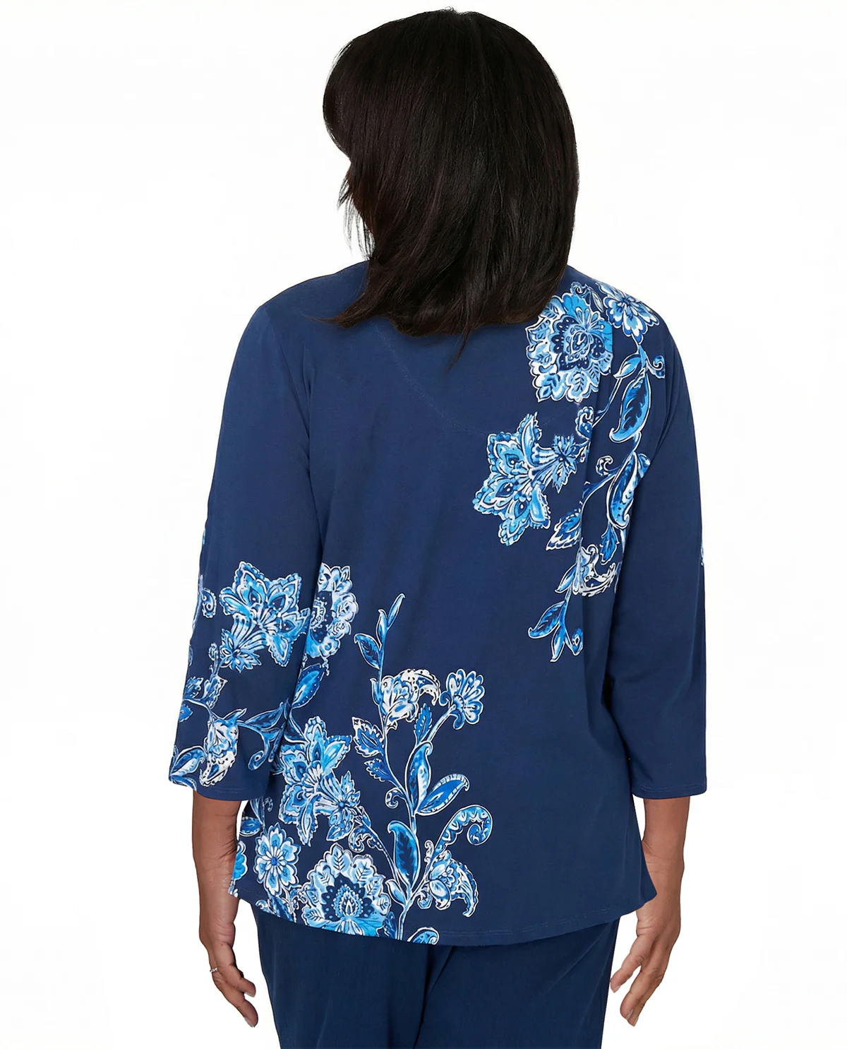 Alfred Dunner Petite Mykonos Asymmetric Floral Top Blue - Image 2