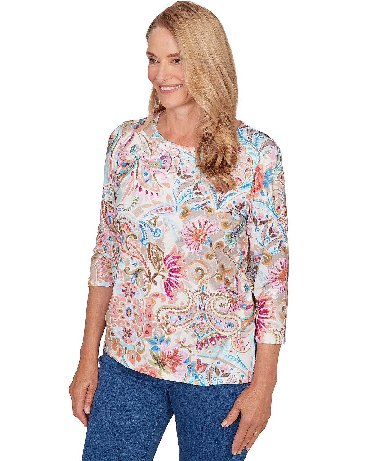 Alfred Dunner Pastel Story Paisley Floral Top Tan - Image 3