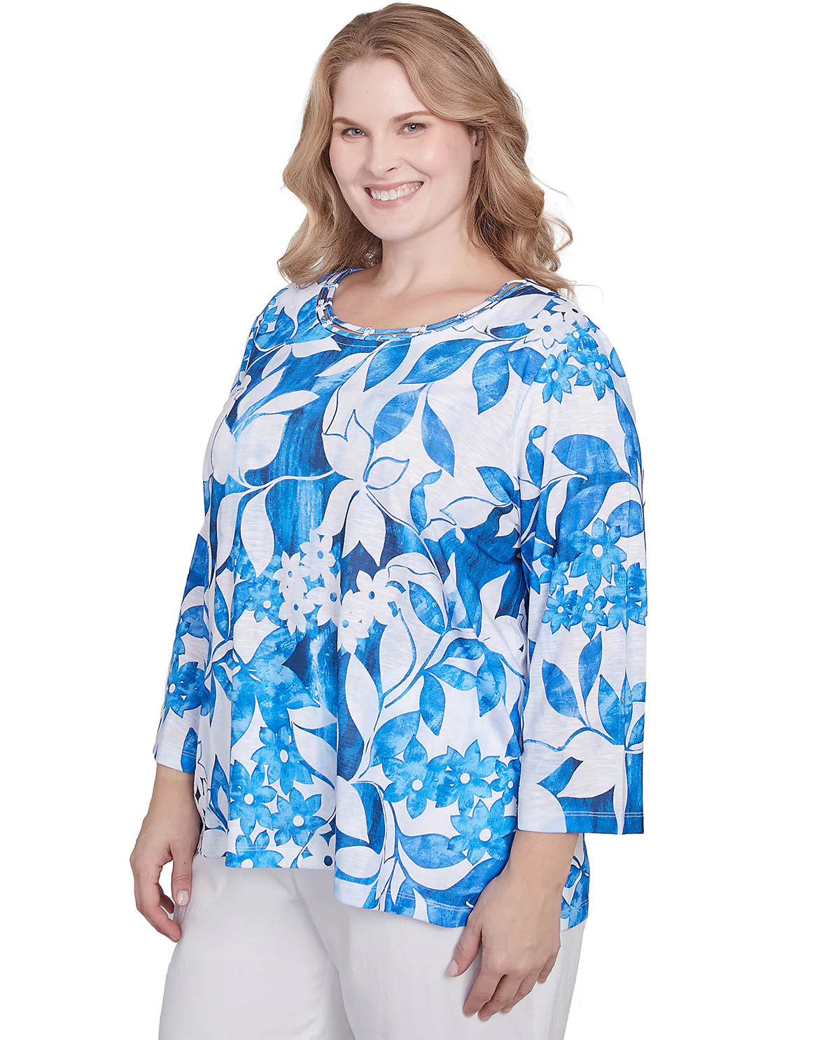 Alfred Dunner Parrot Cay Floral Knit Top Cobalt - Image 3