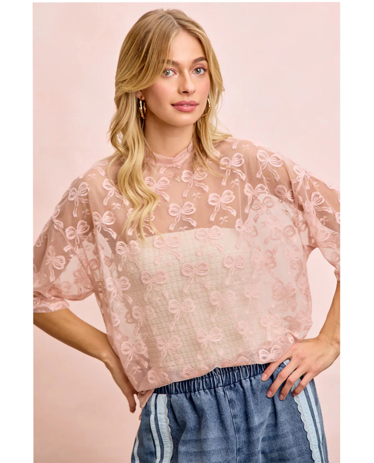 Bibi Bow Pattern Boxy Mesh Top Dusty Rose - Image 2