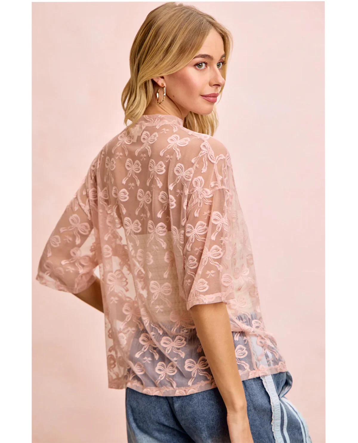Bibi Bow Pattern Boxy Mesh Top Dusty Rose - Image 3