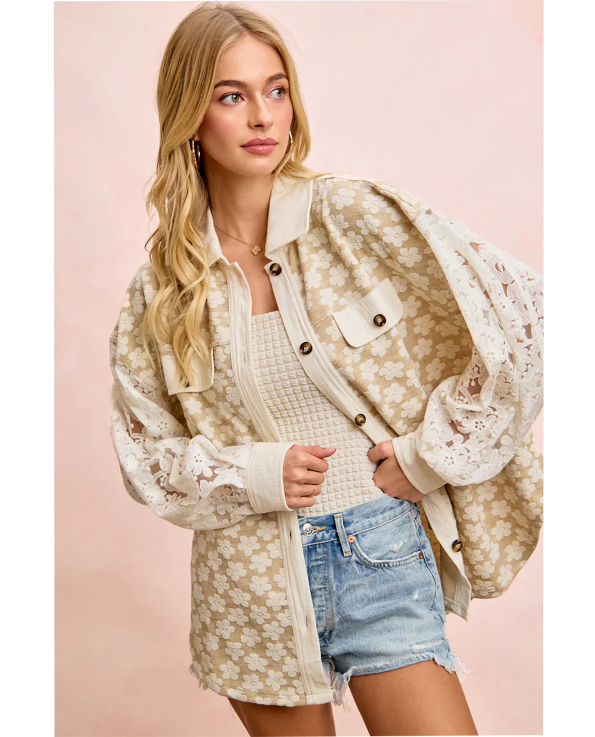 Bibi Floral Jacquard Shacket With Lace Sleeves Oatmeal - Image 2