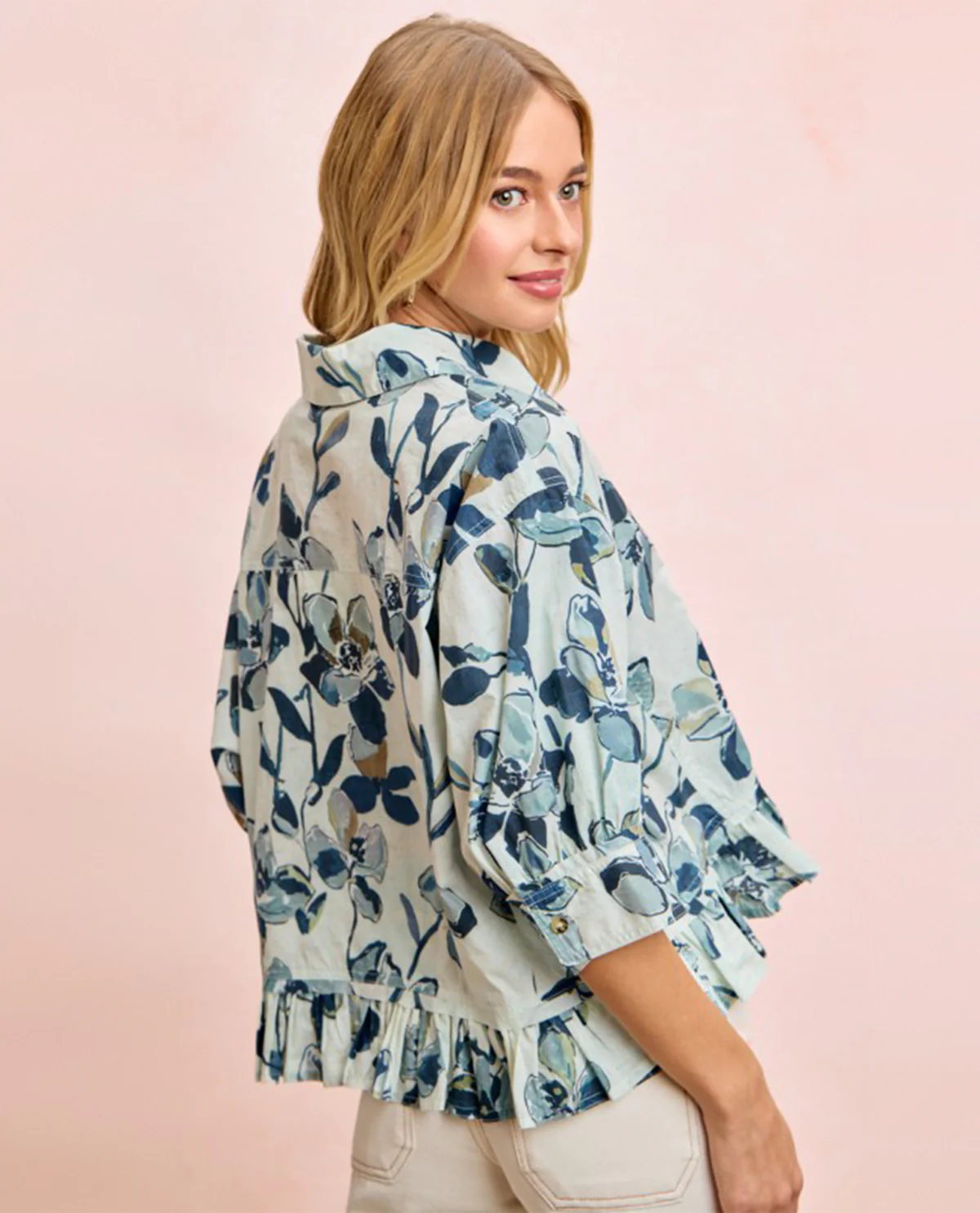 Bibi Floral Ruffle Hem Shirt Navy - Image 2