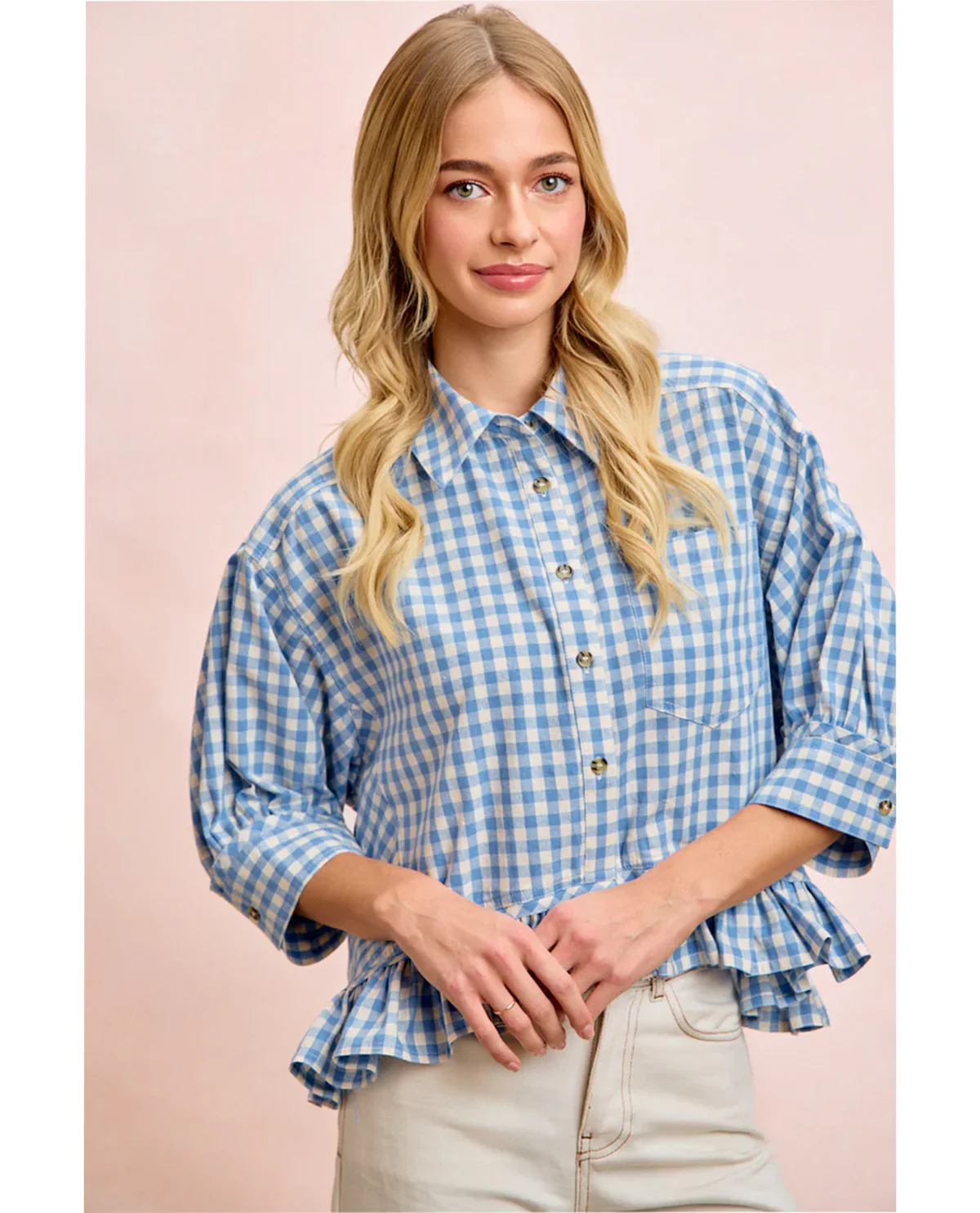 Bibi Gingham Check Ruffle Hem Top Blue - Image 2