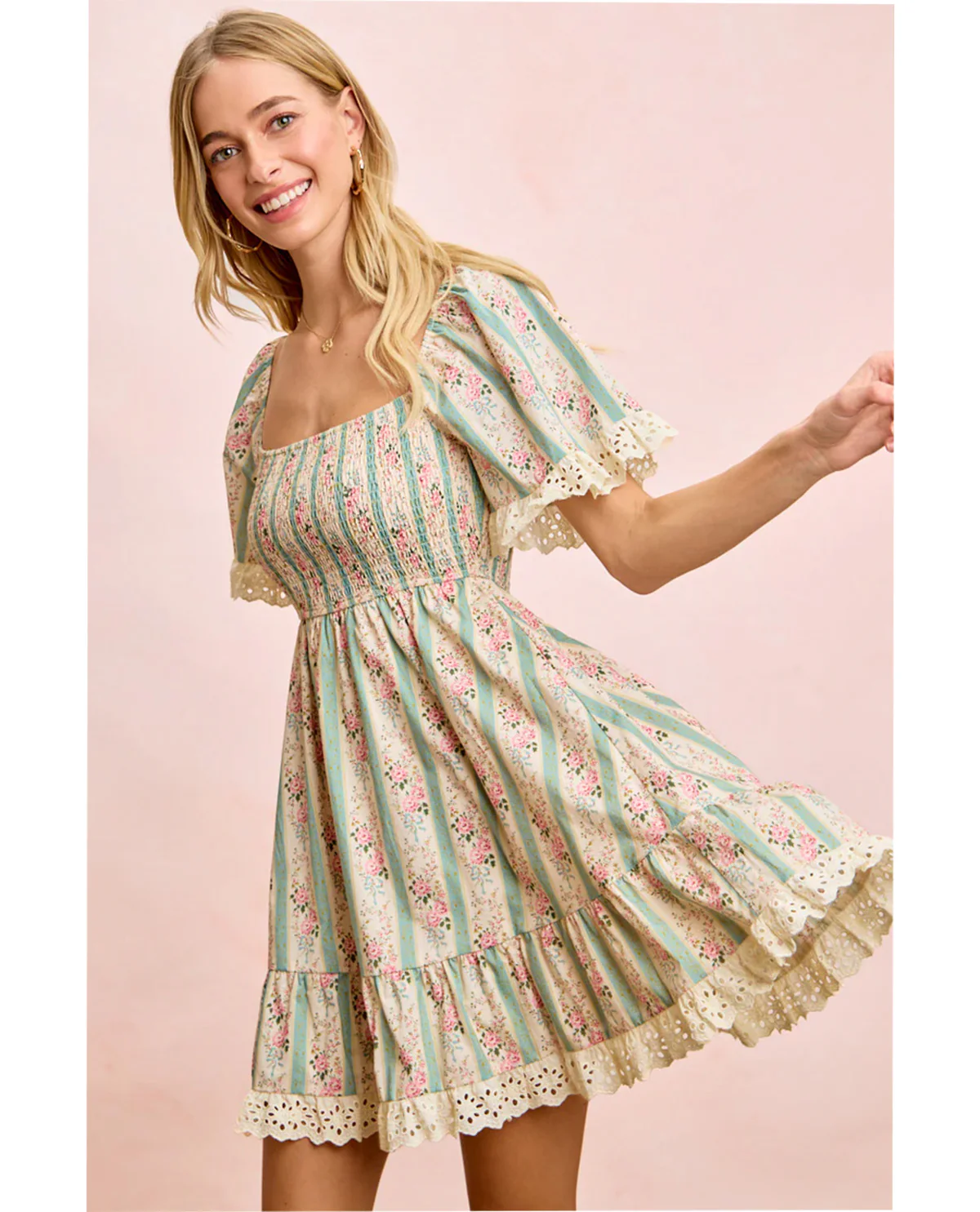 Bibi Stripe Floral Smocked Dress Teal - Image 2