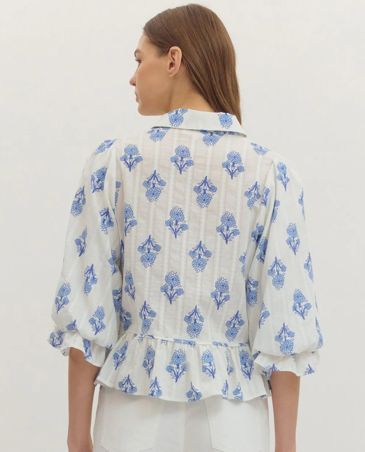 Entro Botanical Print Peplum Top Blue - Image 2