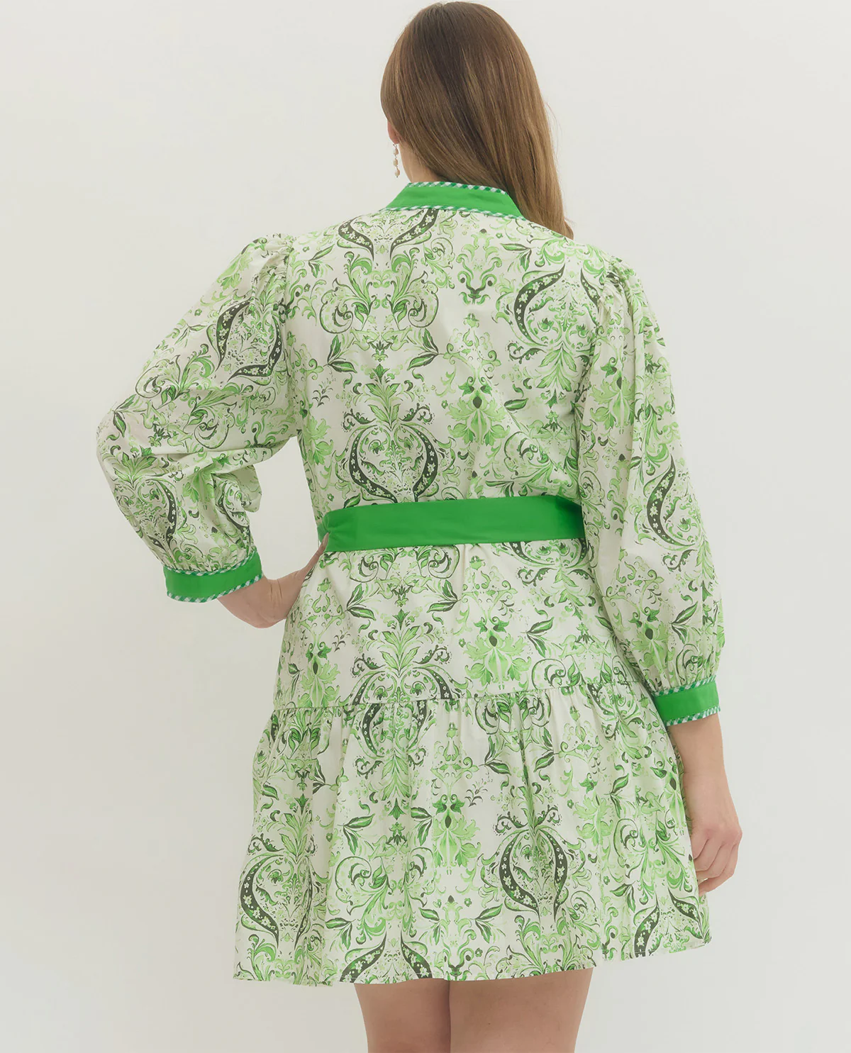 Entro Print Dress With Tie Waist Apple Green - Image 3