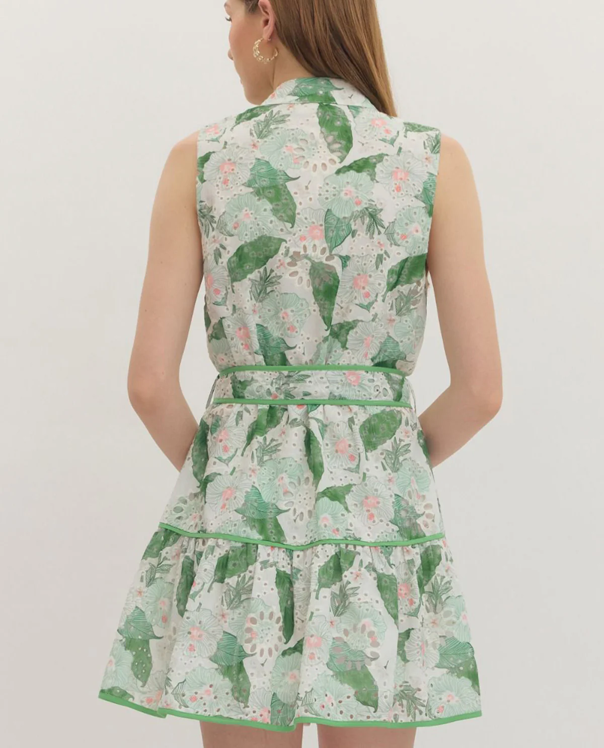 Entro Print Eyelet Dress With Tie Waist Green - Image 2