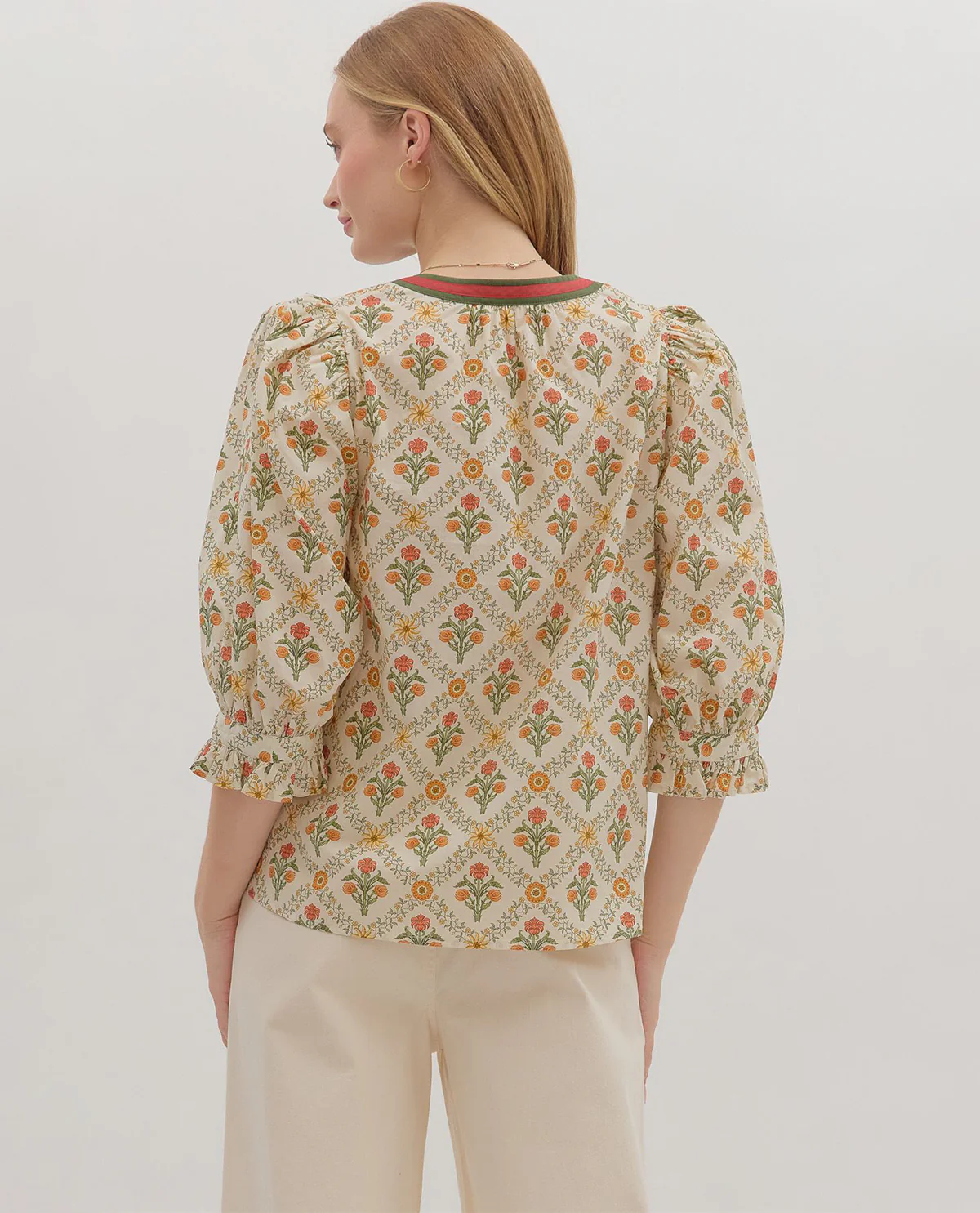 Entro Print Split Neck Top With Contrast Ecru - Image 3
