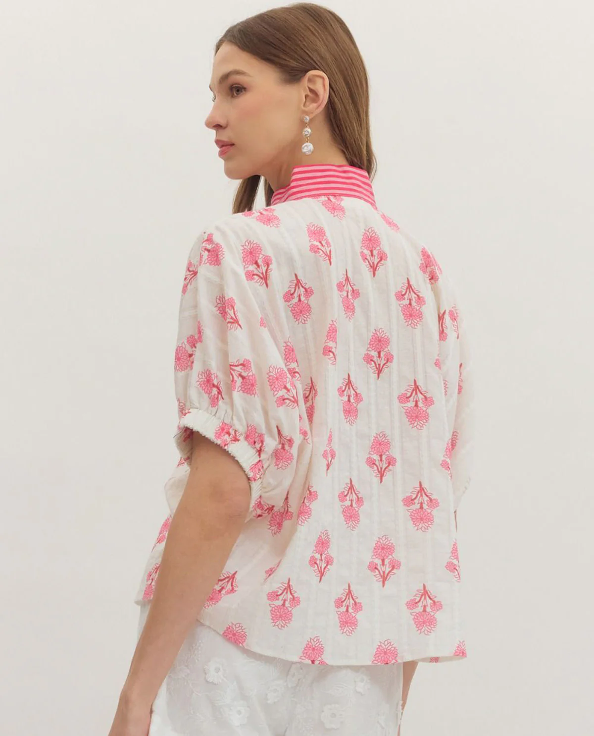 Entro Print Top With V-Neck Contrast Trim Pink - Image 2