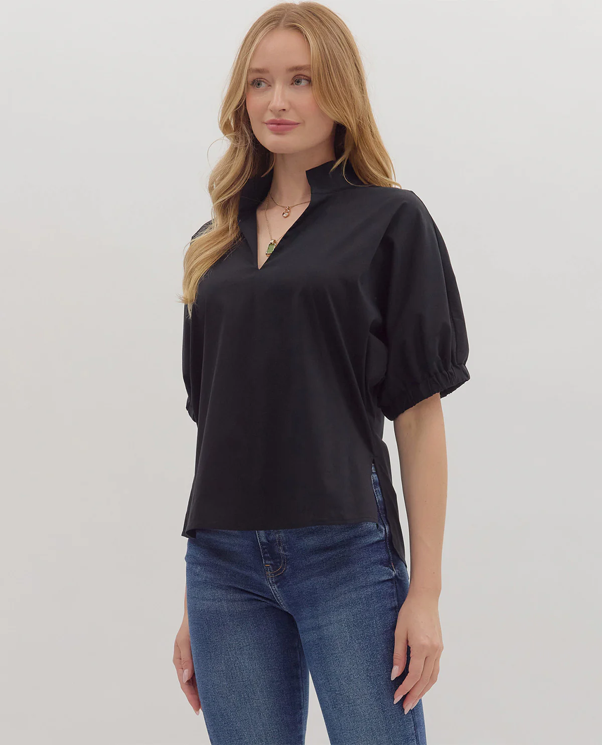 Entro Solid V-Neck Puff Sleeve Top - Image 3
