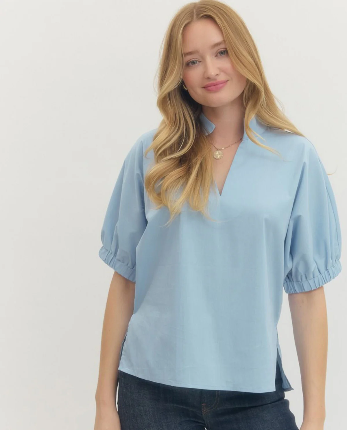 Entro Solid V-Neck Puff Sleeve Top - Image 4
