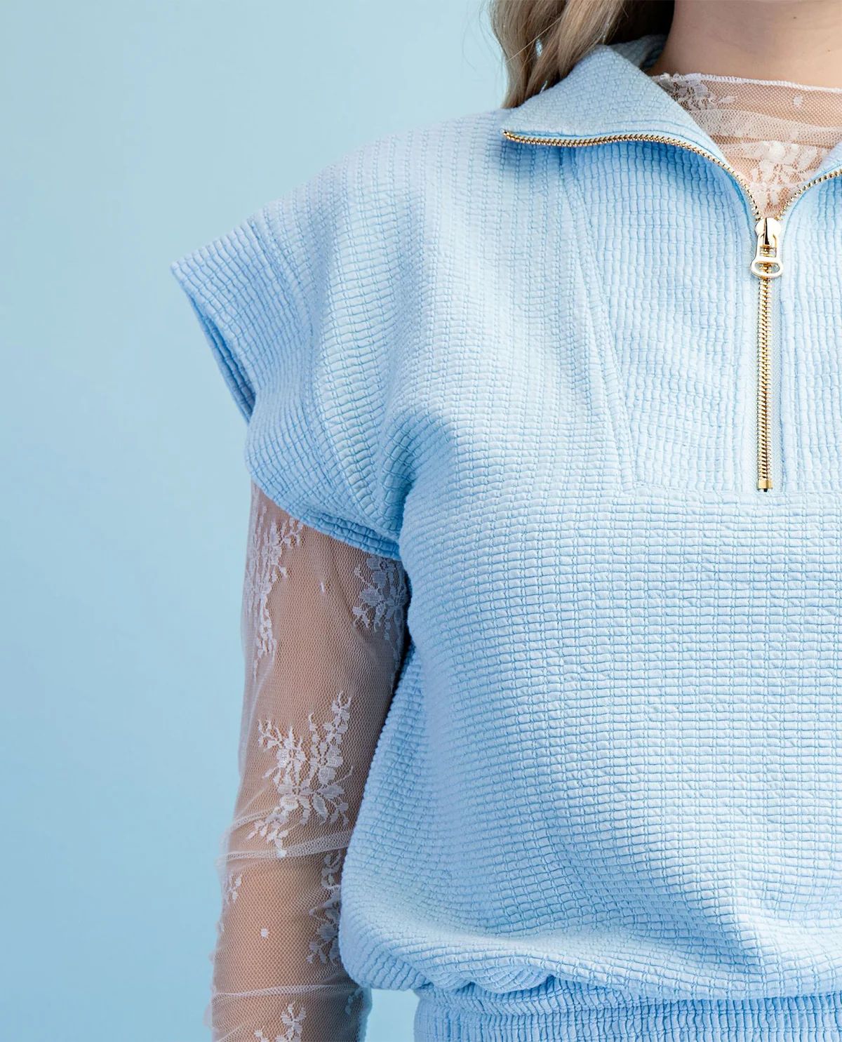 Gigio Knit Top With Zip Collar Neckline Sky Blue - Image 2