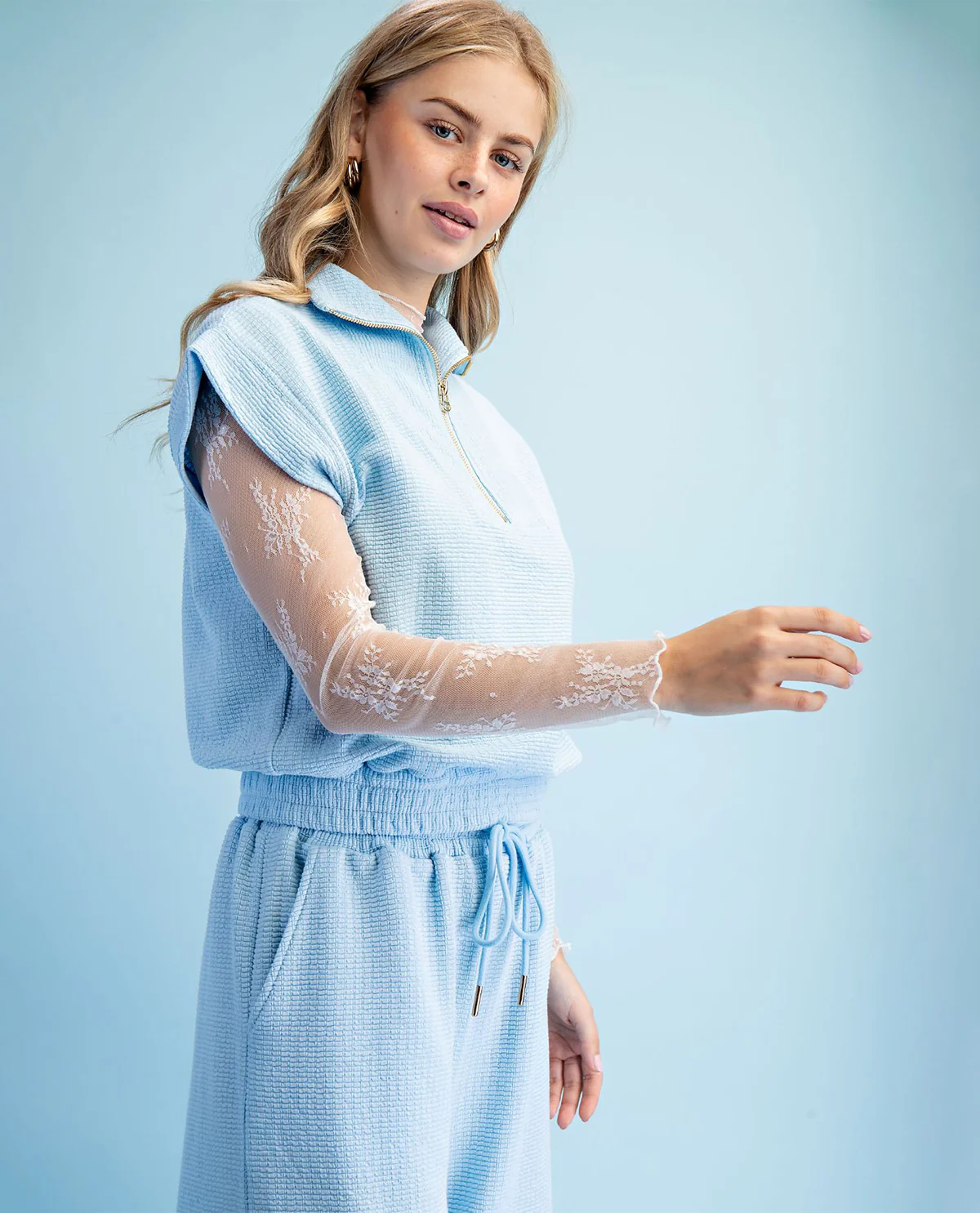 Gigio Knit Top With Zip Collar Neckline Sky Blue - Image 3