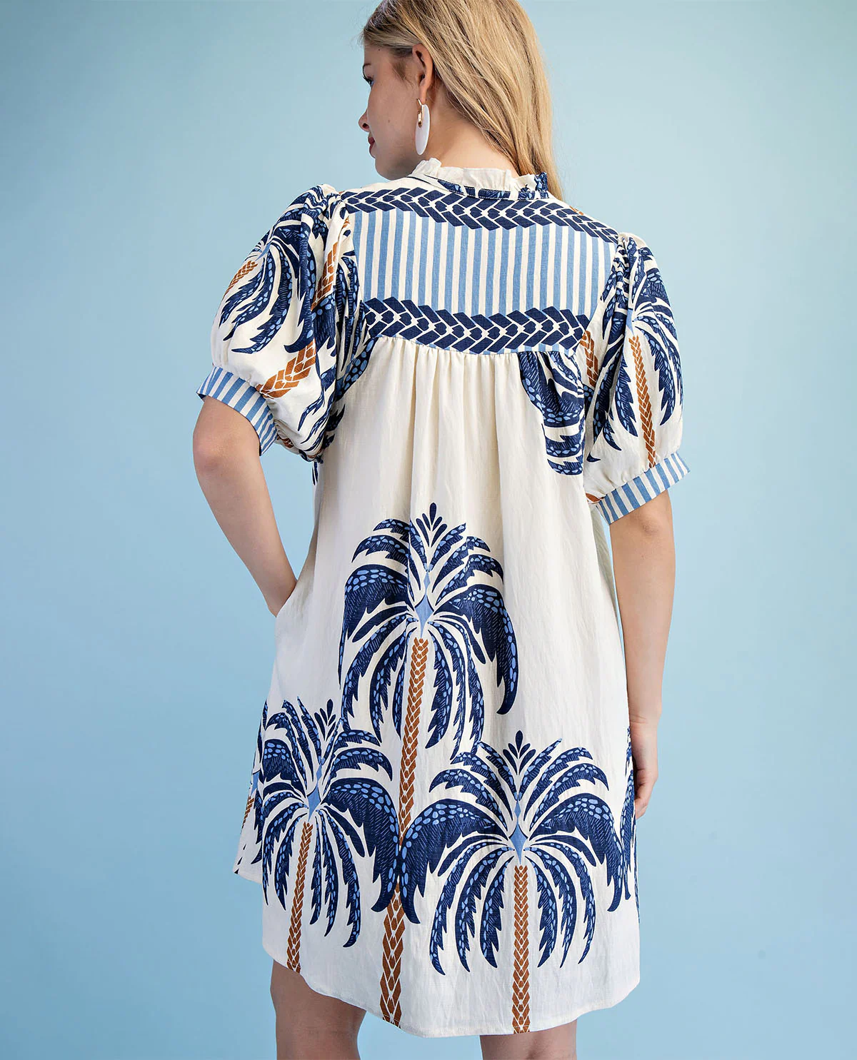 Gigio Palm Tree Print V-Neck Dress Navy - Image 3