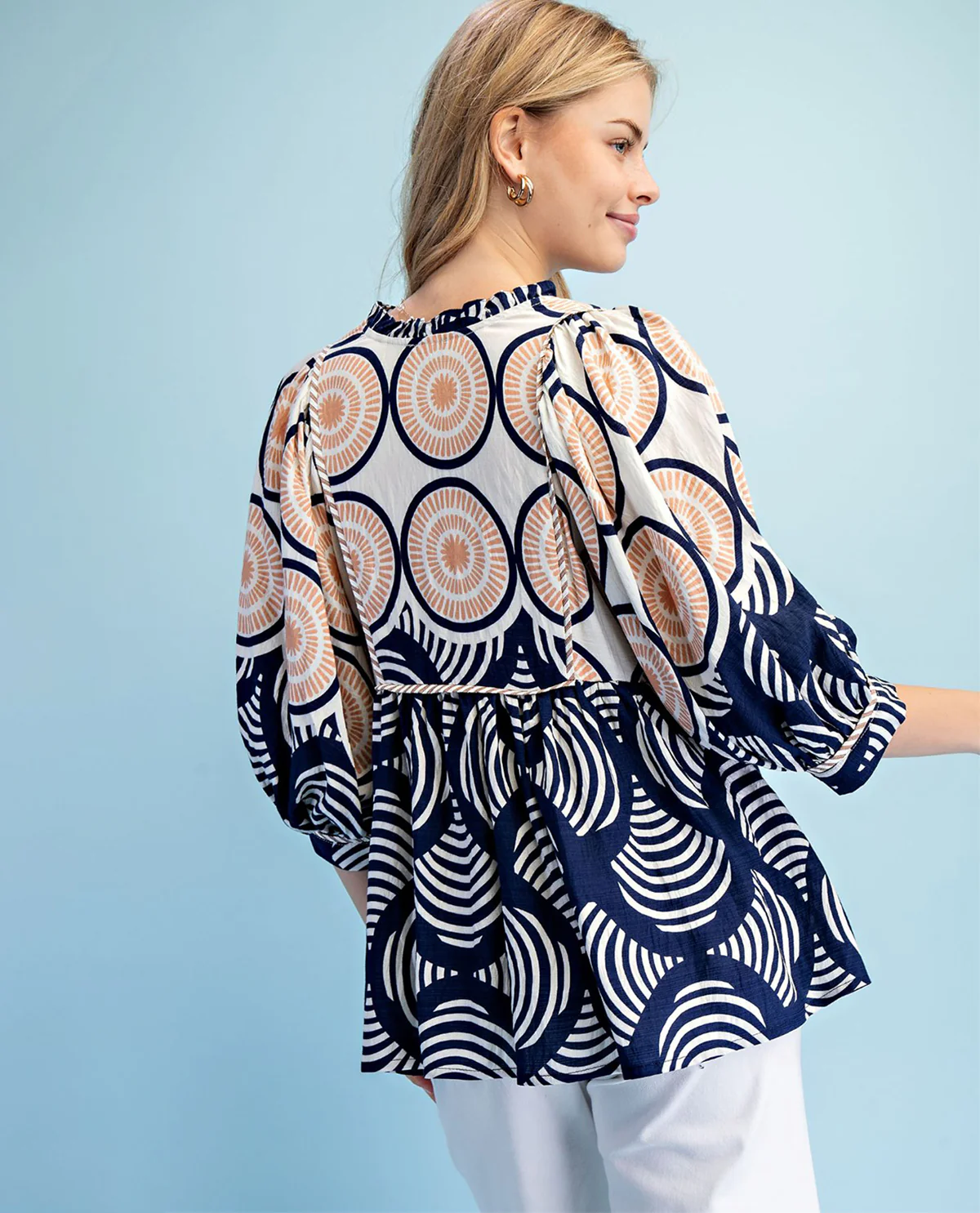 Gigio Print V-Neck Babydoll Top Navy - Image 3