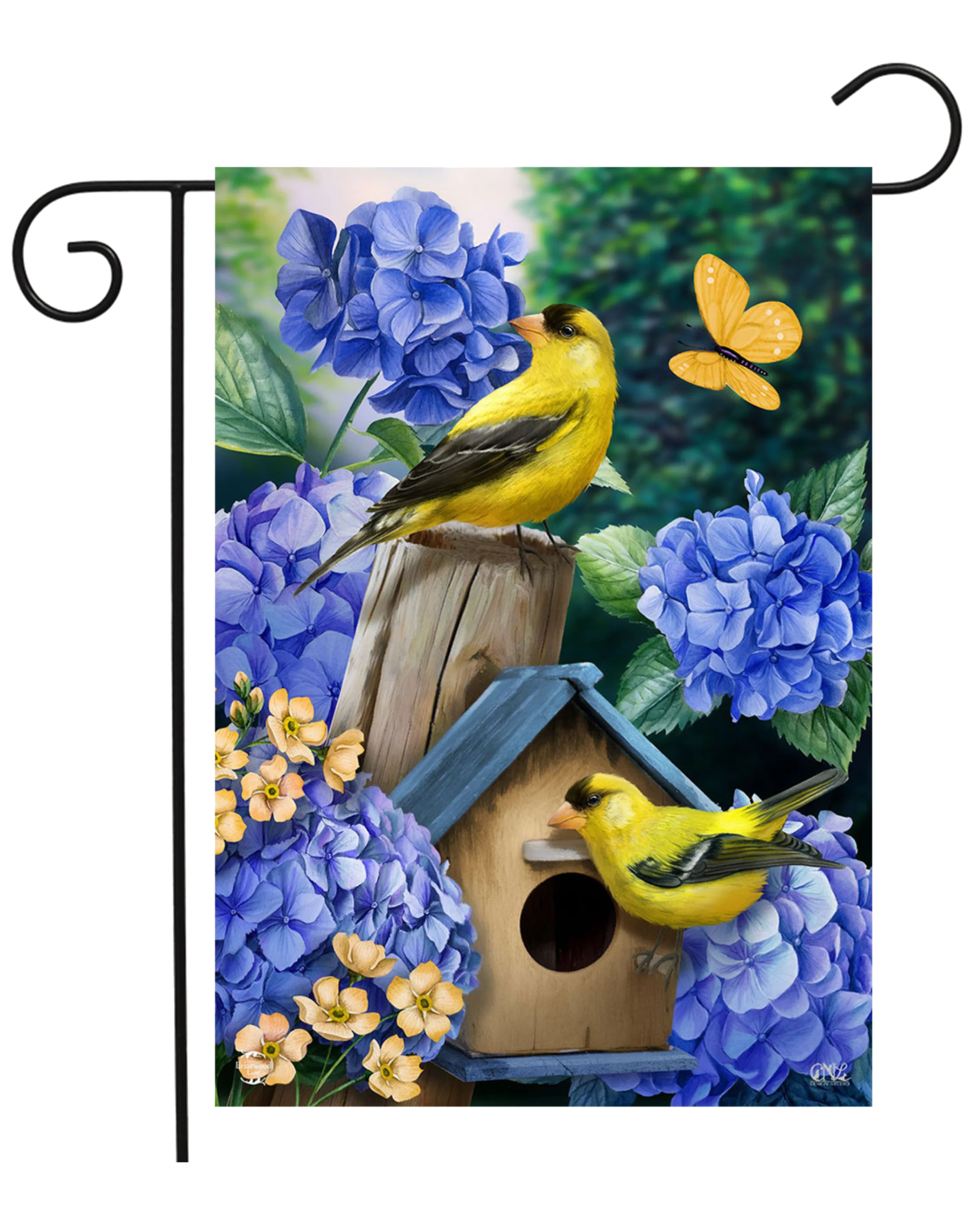 Goldfinches & Hydrangeas Garden Flag - Image 2