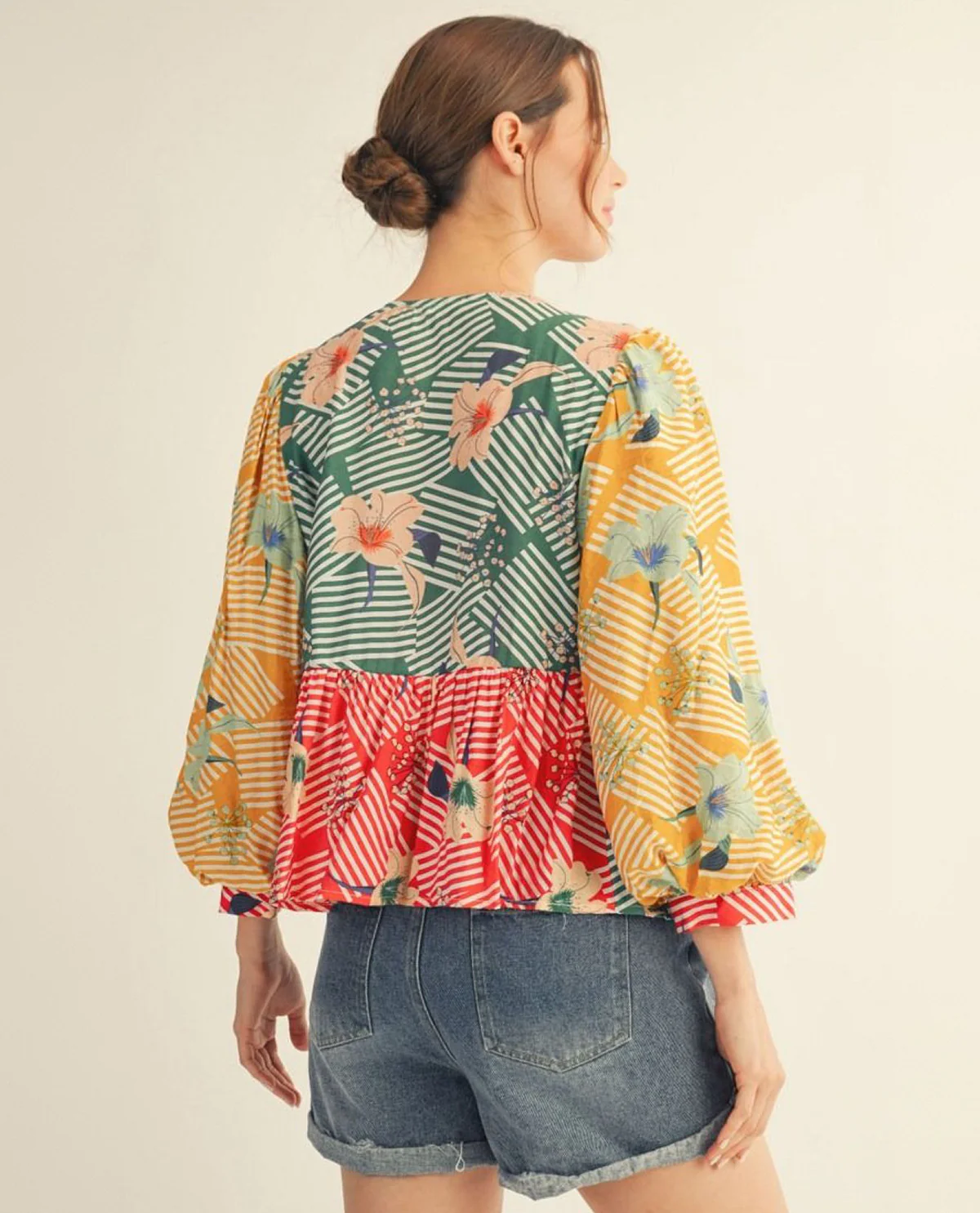 Jodifl 3/4 Puff Sleeve Color Blocked Floral Top With Front Bow Tie Detail - Image 2