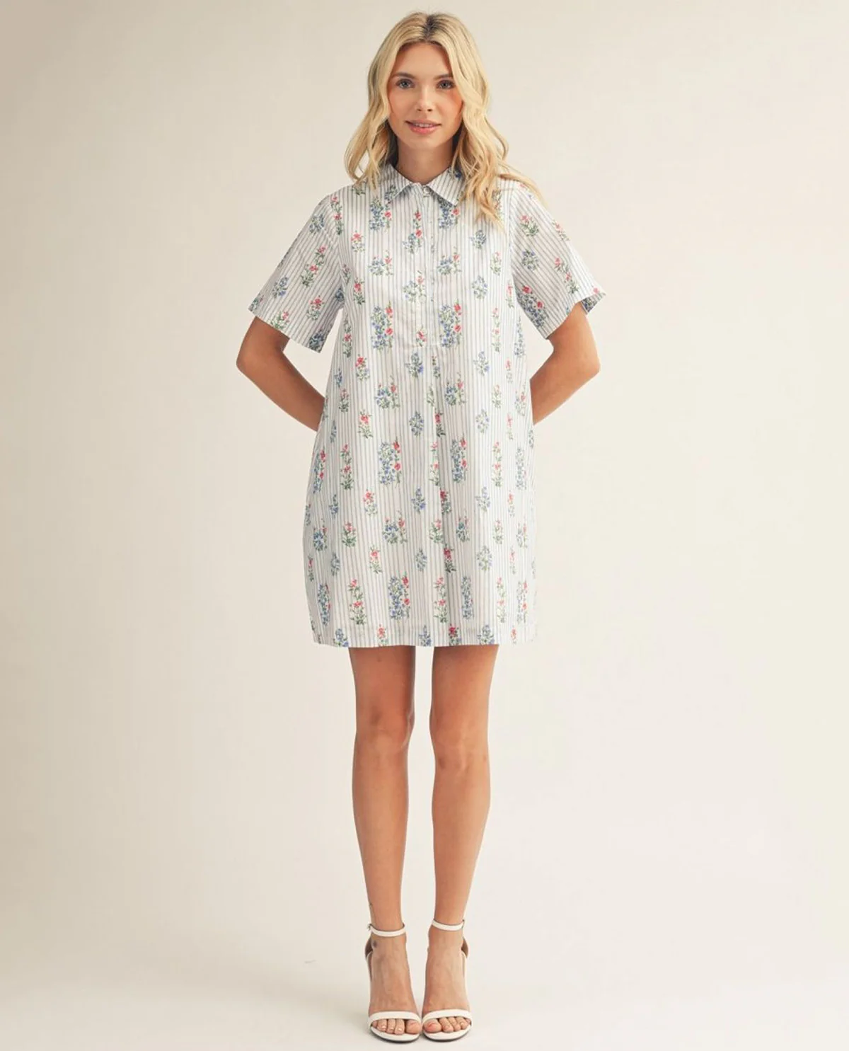 Jodifl Short Sleeve Stripe Floral Print Dress Blue - Image 3
