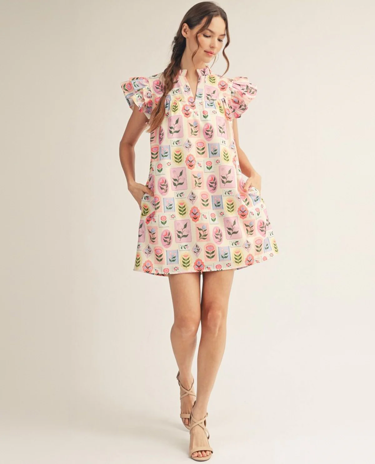 Jodifl Print Flutter Sleeve Floral Print Dress Cream - Image 2