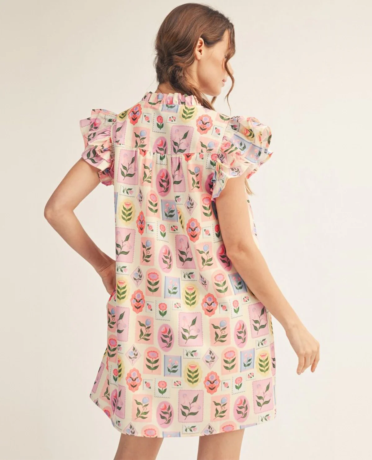 Jodifl Print Flutter Sleeve Floral Print Dress Cream - Image 3