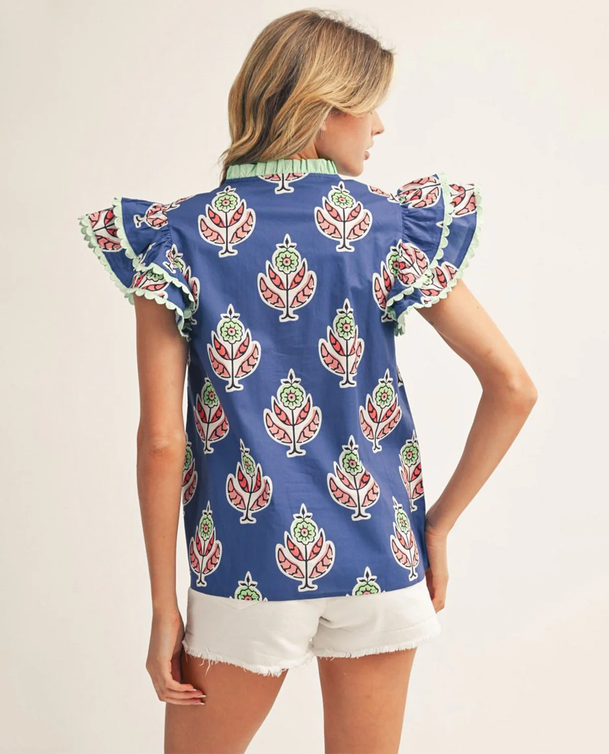 Jodifl Print Top With Flutter Sleeve and Solid Trim Blue - Image 2
