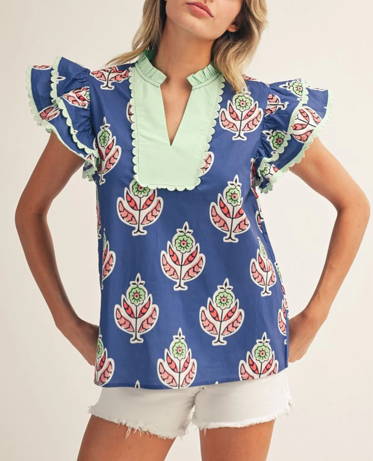 Jodifl Print Top With Flutter Sleeve and Solid Trim Blue - Image 3