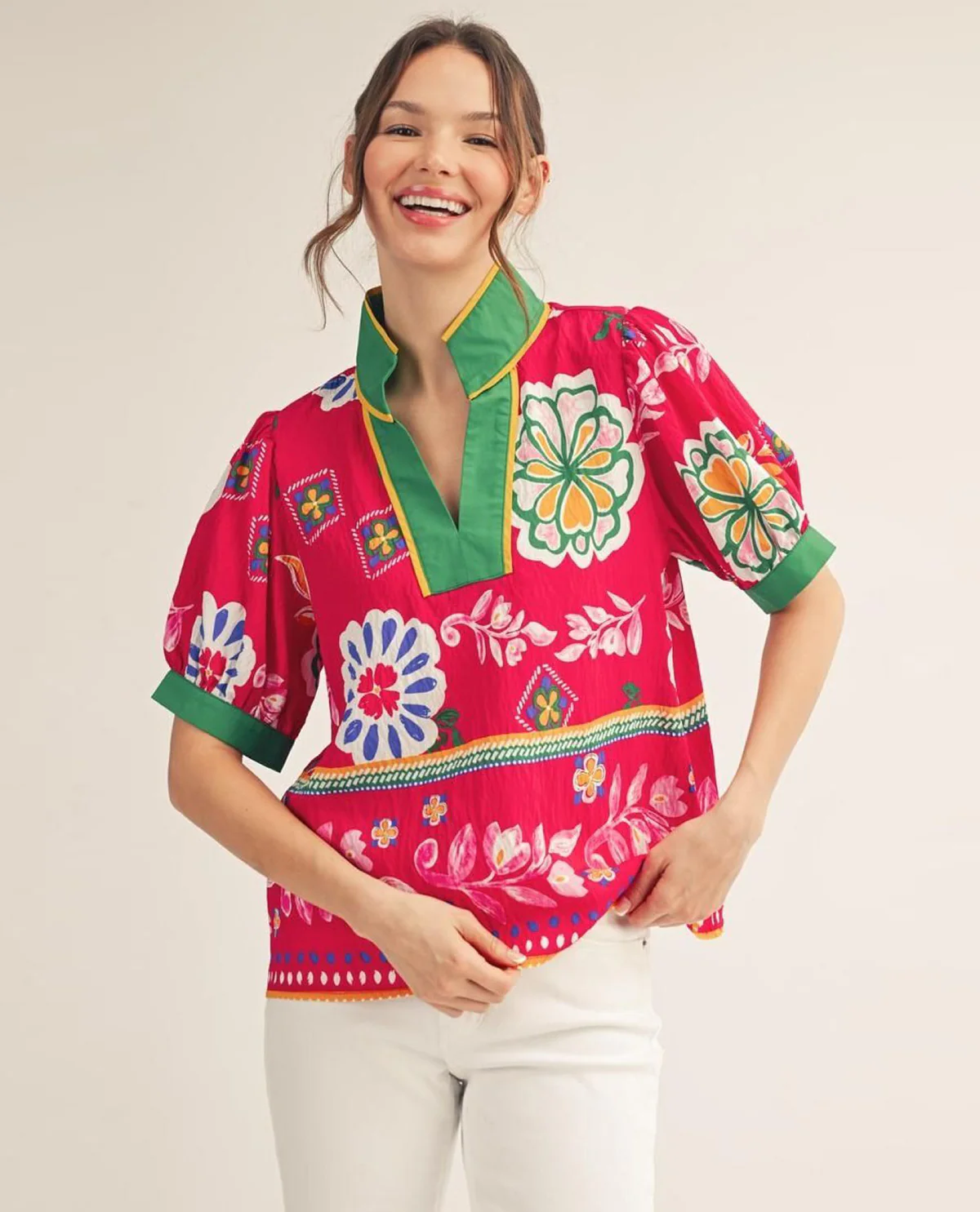 Jodifl Print Top With Solid Trim - Image 3