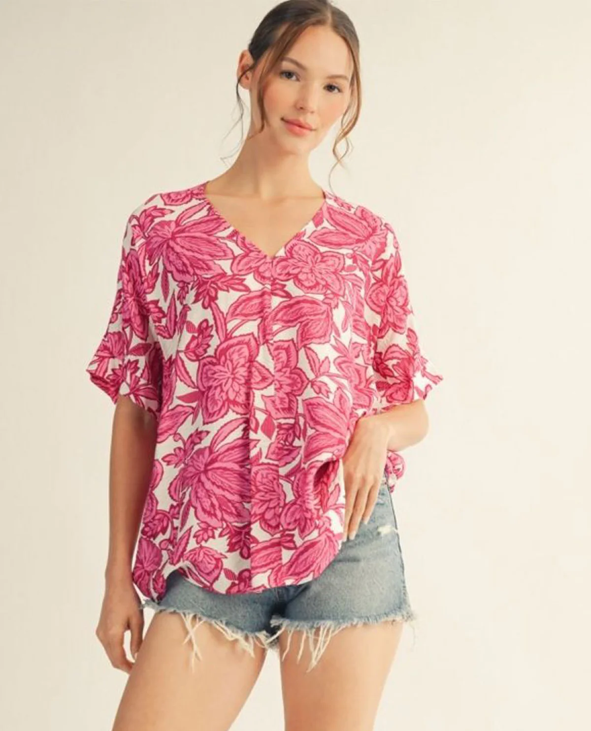 Jodifl Print V-Neck Dolman Top Fuchsia - Image 3