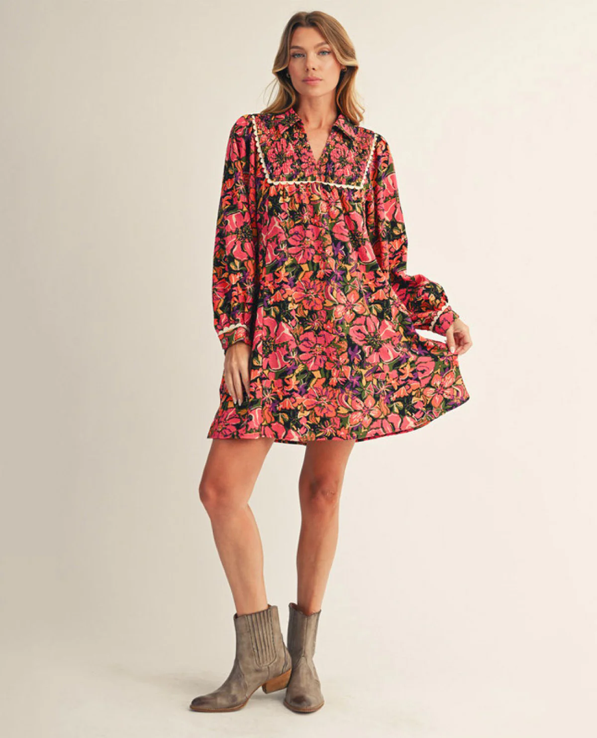 Jodifl Long Sleeve Smocked Chest Print Dress - Image 3