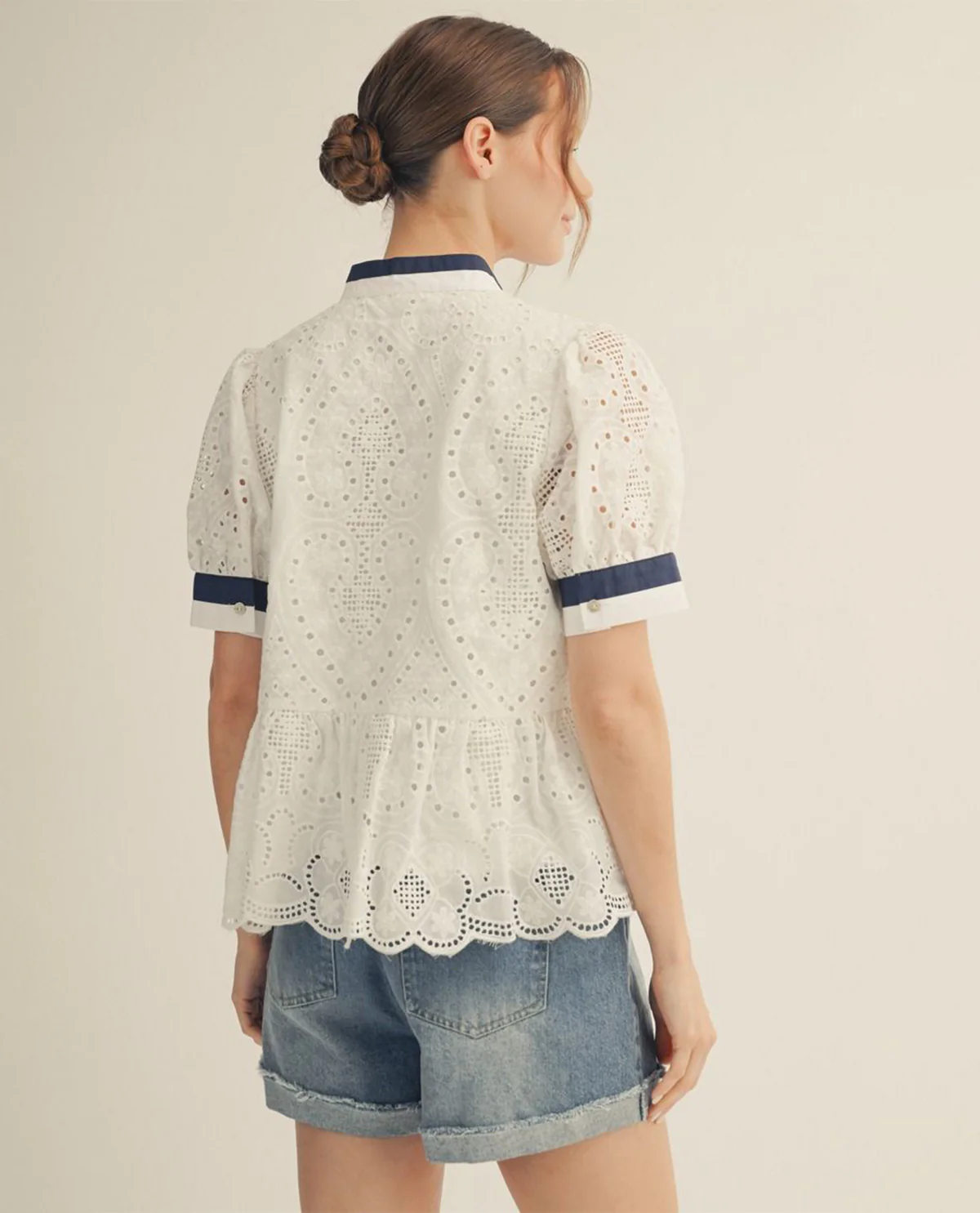 Jodifl Standing Neck Eyelet Peplum Top Off White - Image 2