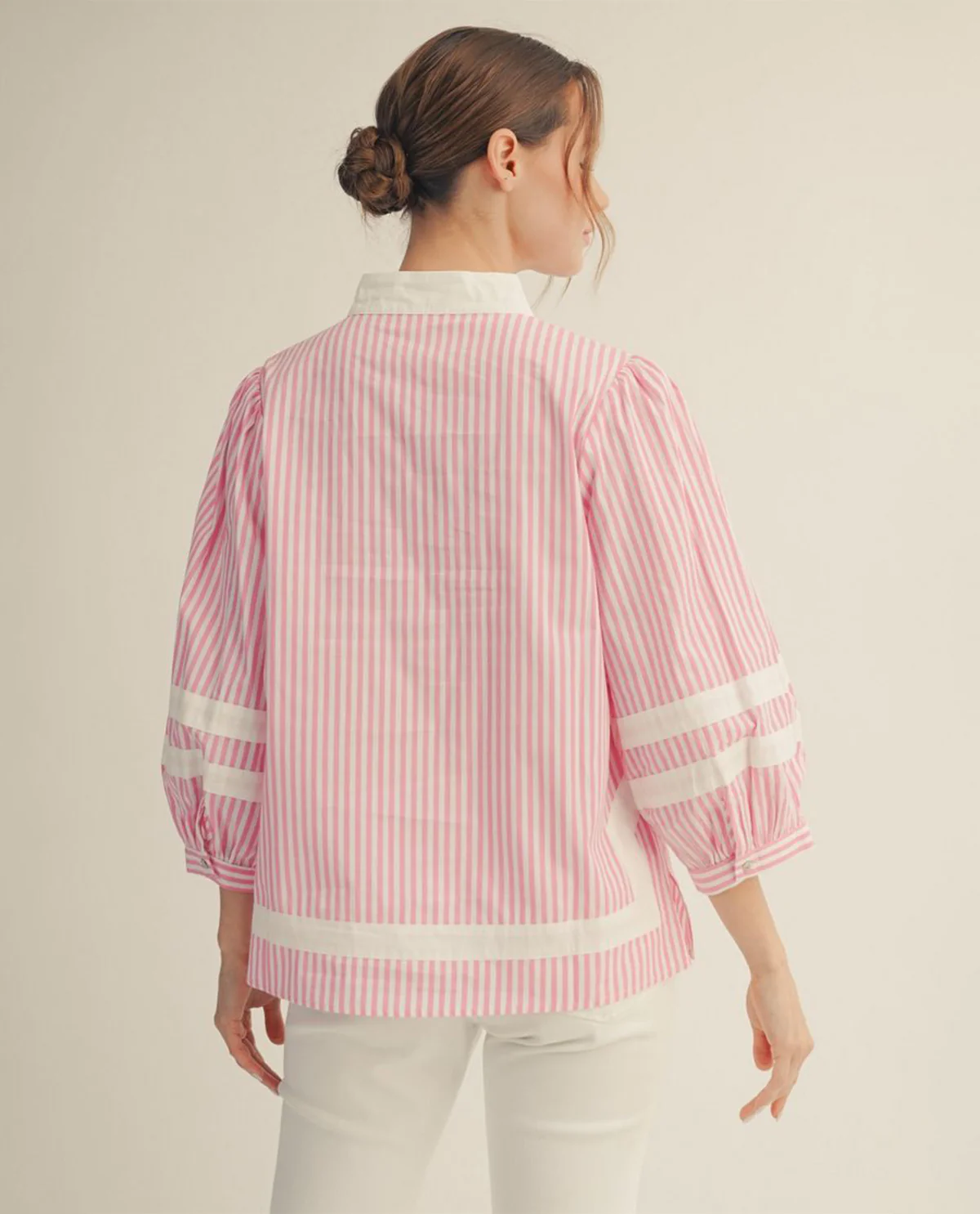 Jodifl Standing Neck Stripe Top With Solid Contrast Pink - Image 2