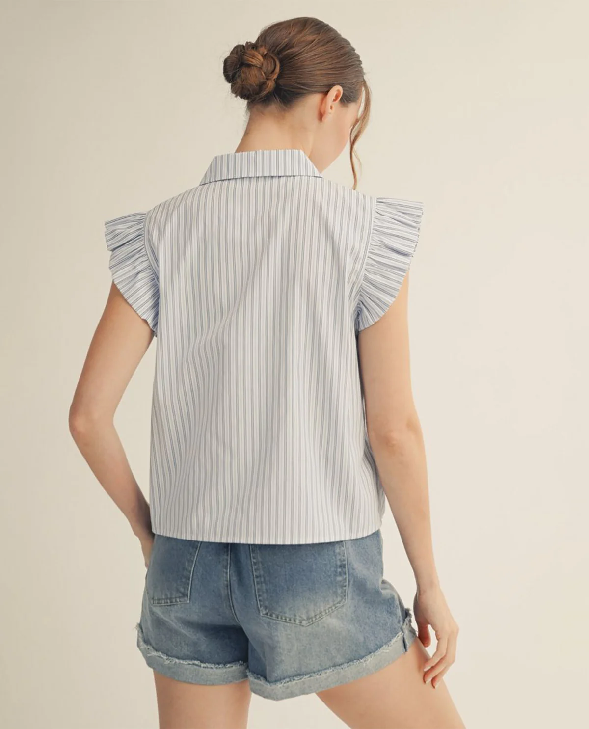 Jodifl Stripe Button Front Top With Ruffle Sleeves White - Image 2
