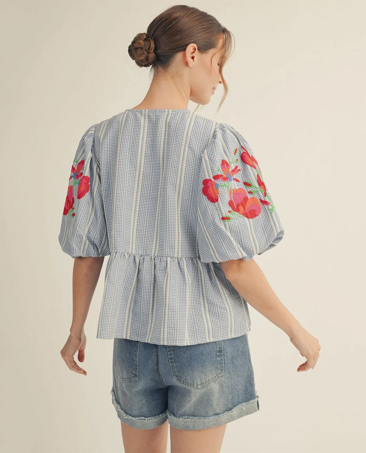 Jodifl Stripe Tie Front Top With Embroidered Sleeve Blue - Image 2