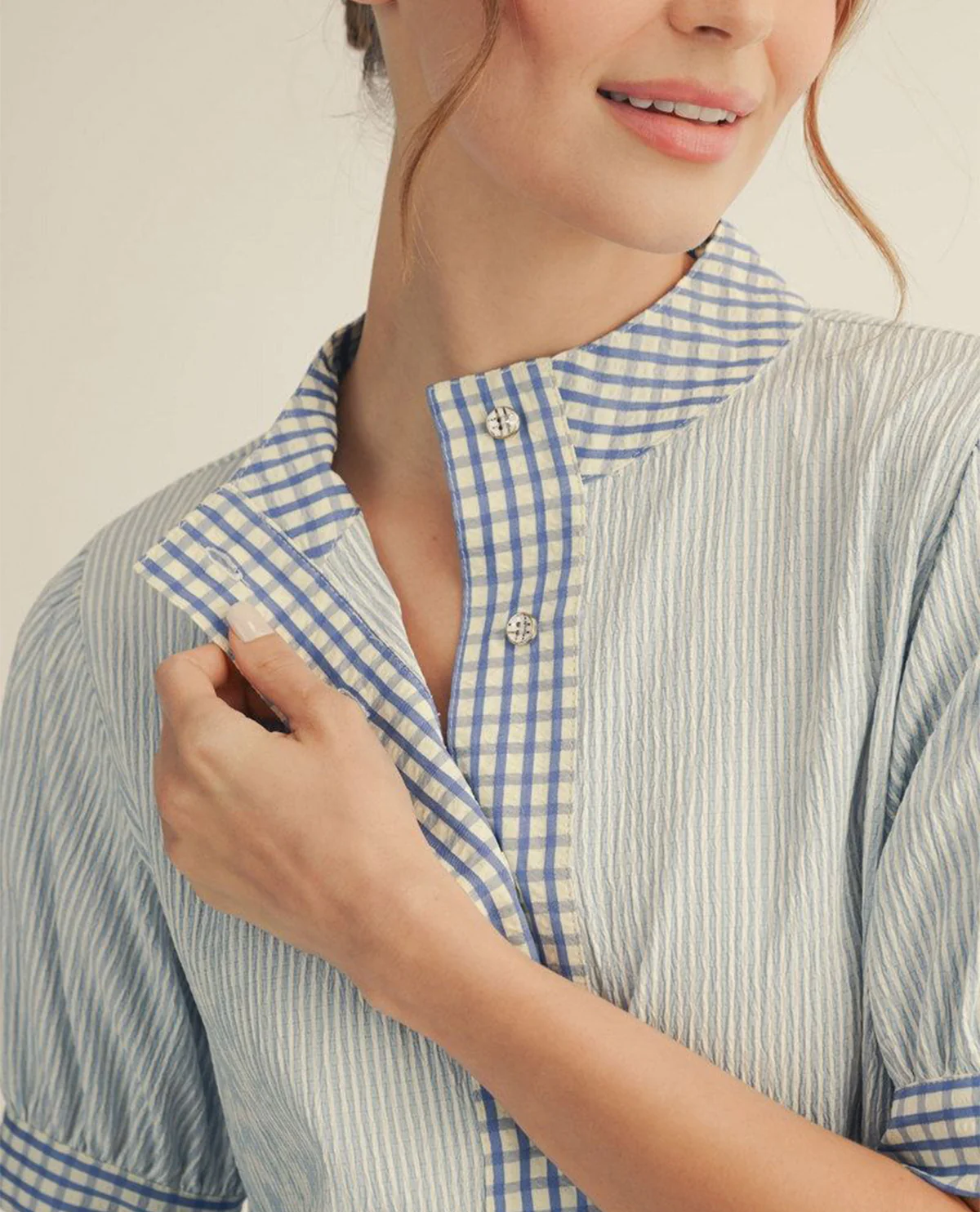 Jodifl Stripe Top With Gingham Placket Blue - Image 2
