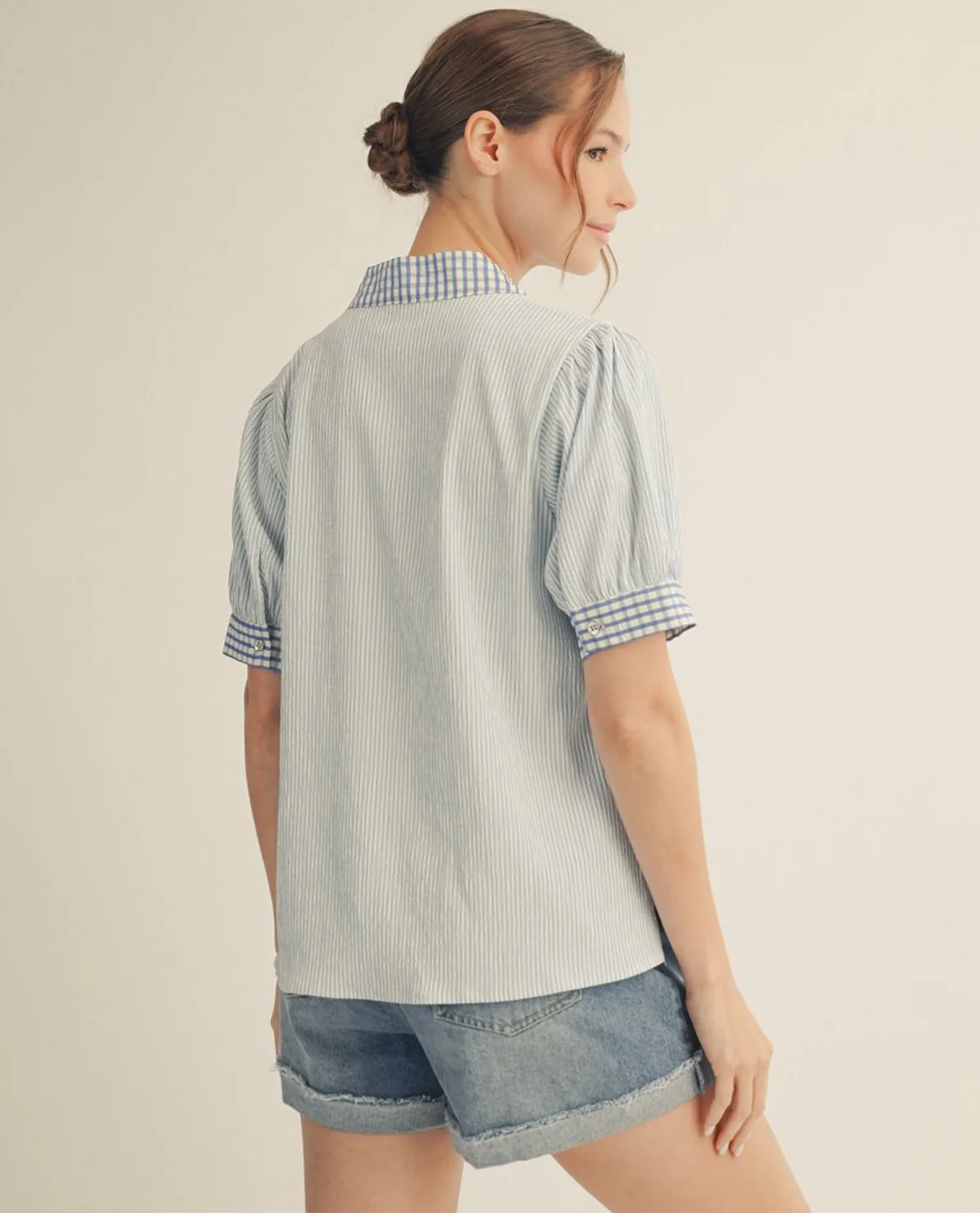 Jodifl Stripe Top With Gingham Placket Blue - Image 3