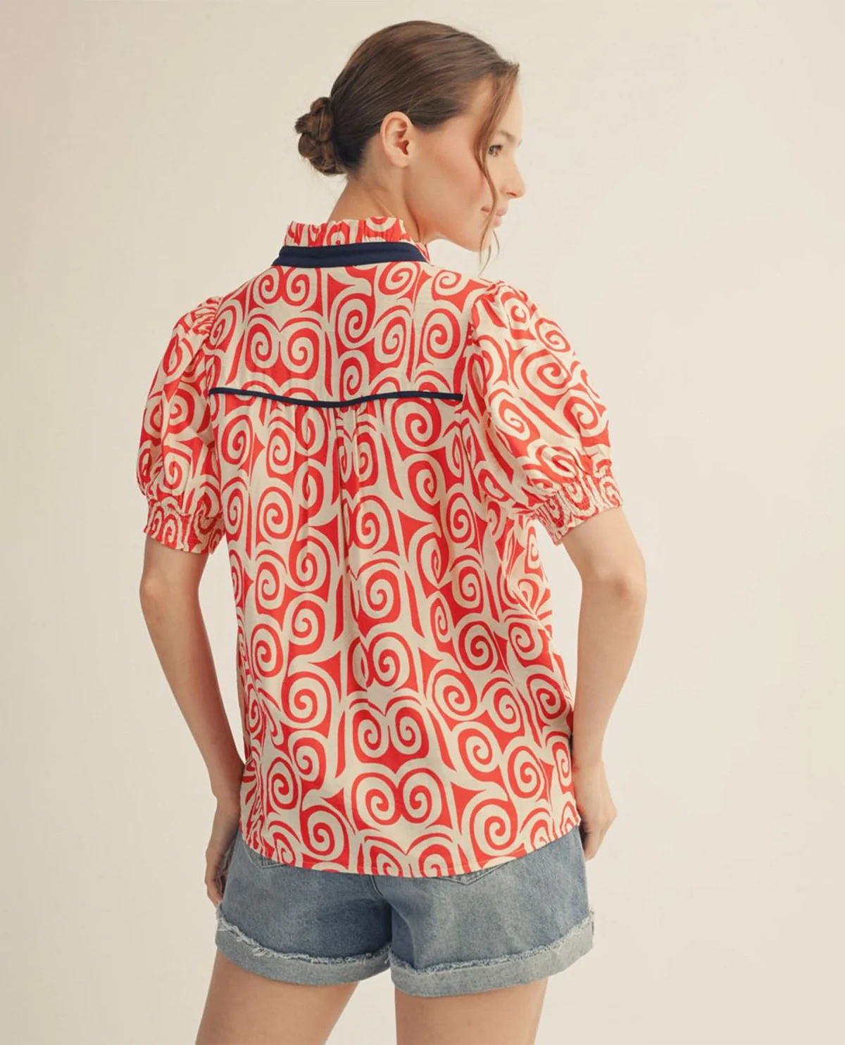 Jodifl Swirl Print Top With Ruffle Neckline Red - Image 2